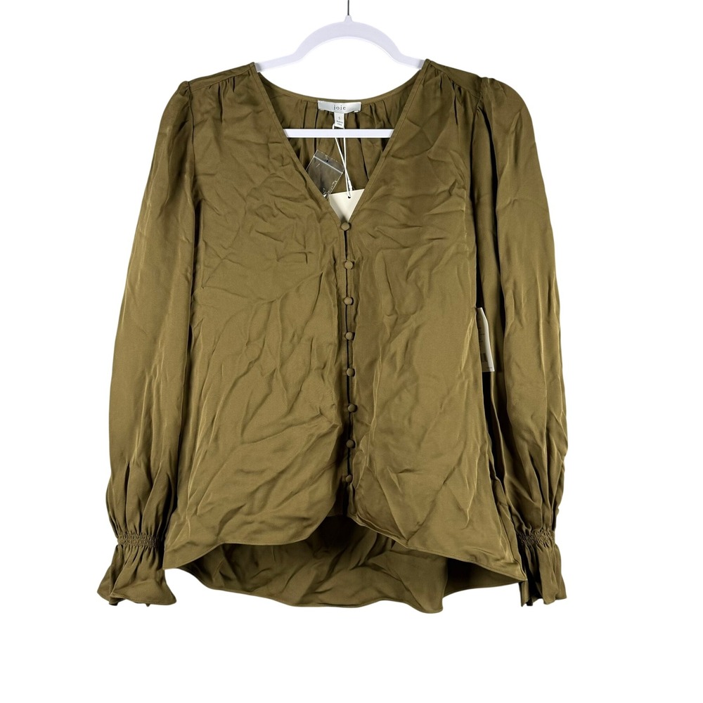 Joie Womens S Bolona Blouse Olive Green Silk Button Up Long Sleeve V-Neck Boho